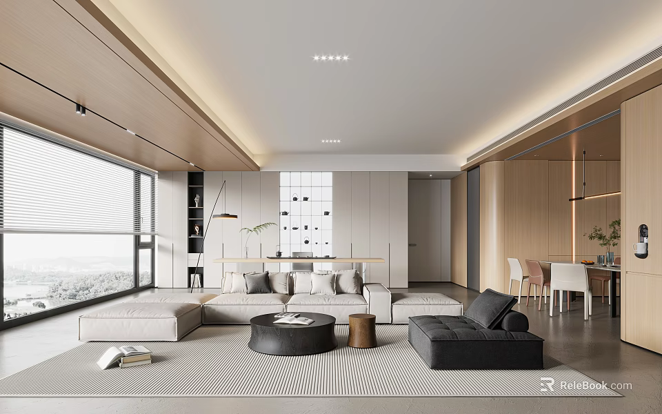 Modern Living Dining Room Design With Large Windows Grey Beige Sofas Round Black Coffee Table 3d model