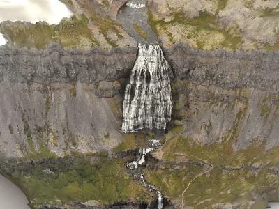 Scenic Waterfall Cascading Down Rocky Cliff Amidst Green Slopes And Flowing River 3d model