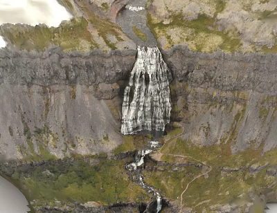 Scenic Waterfall Cascading Down Rocky Cliff Amidst Green Slopes And Flowing River 3d model