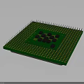 Detailed Green Computer Chip with Black Circuit Blocks and Metallic Pins 3d model