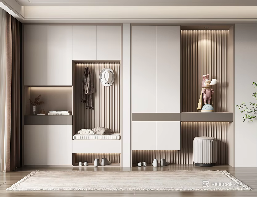 Modern Shoe Cabinet Design With Coat Rack Bench Storage And Decorative Elements 3d model