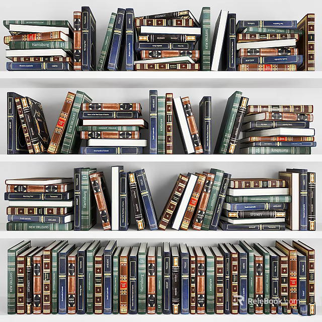 Colorful Varied Size Books Neatly Arranged On Multi Shelf Bookshelf In Room 3d model 