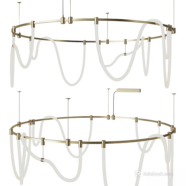 Minimalist Modern Chandelier With Brass Circular Frame And White Curved Tubes 3d model 