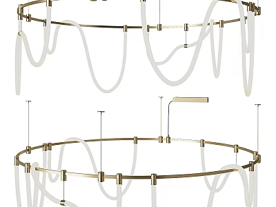 Minimalist Modern Chandelier With Brass Circular Frame And White Curved Tubes 3d model
