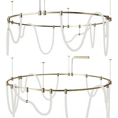 Minimalist Modern Chandelier With Brass Circular Frame And White Curved Tubes 3d model