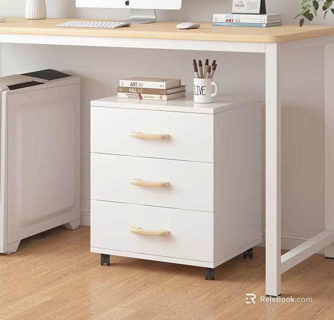 White Three Drawer Book Cabinet With Wooden Handles And Books On Wooden Floor 3d model 