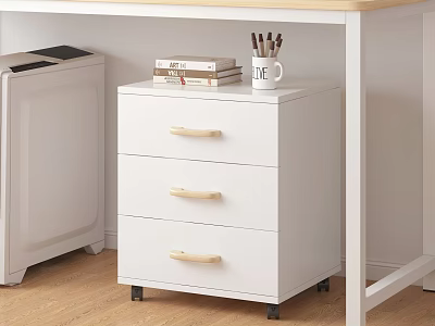 White Three Drawer Book Cabinet With Wooden Handles And Books On Wooden Floor 3d model