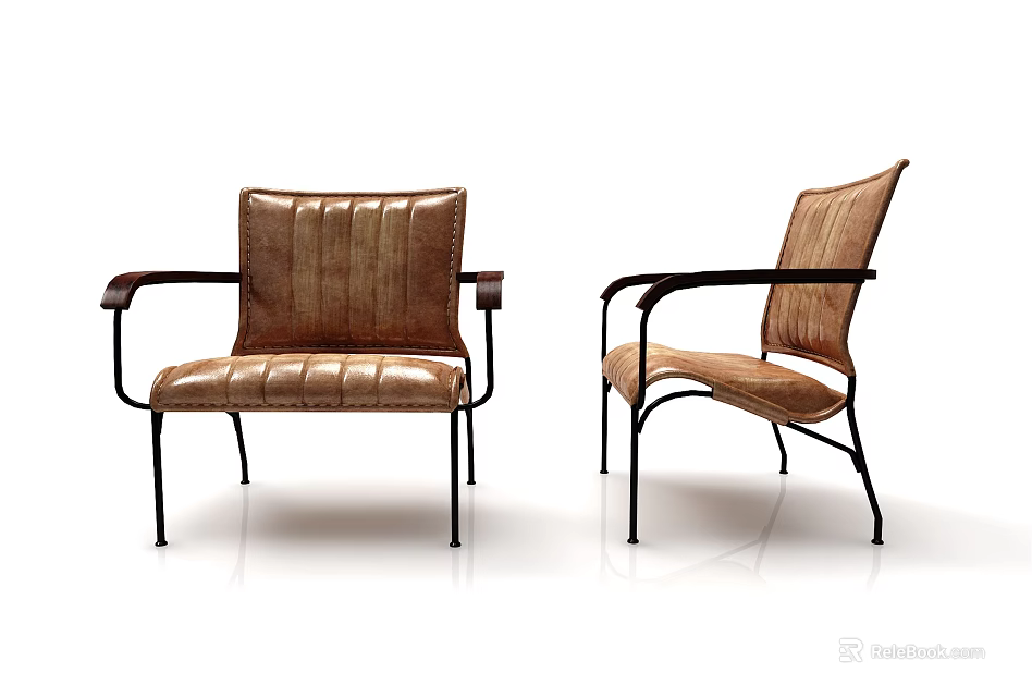 Brown Leather Upholstered Leisure Chairs with Black Metal Frame Armrests and Modern Design 3d model 