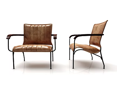Brown Leather Upholstered Leisure Chairs with Black Metal Frame Armrests and Modern Design 3d model