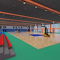 Spacious Basketball Gymnasium With Wooden Floor Blue Yellow Bleachers And Ping Pong Tables