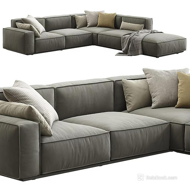 Comfortable Modern Gray Sectional Sofa Soft Upholstered With Decorative Pillows And Throw Blanket 3d model