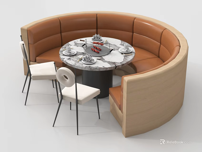 Circular Leather Banquette Sofa With Round Marble Dining Table And Chairs 3d model 