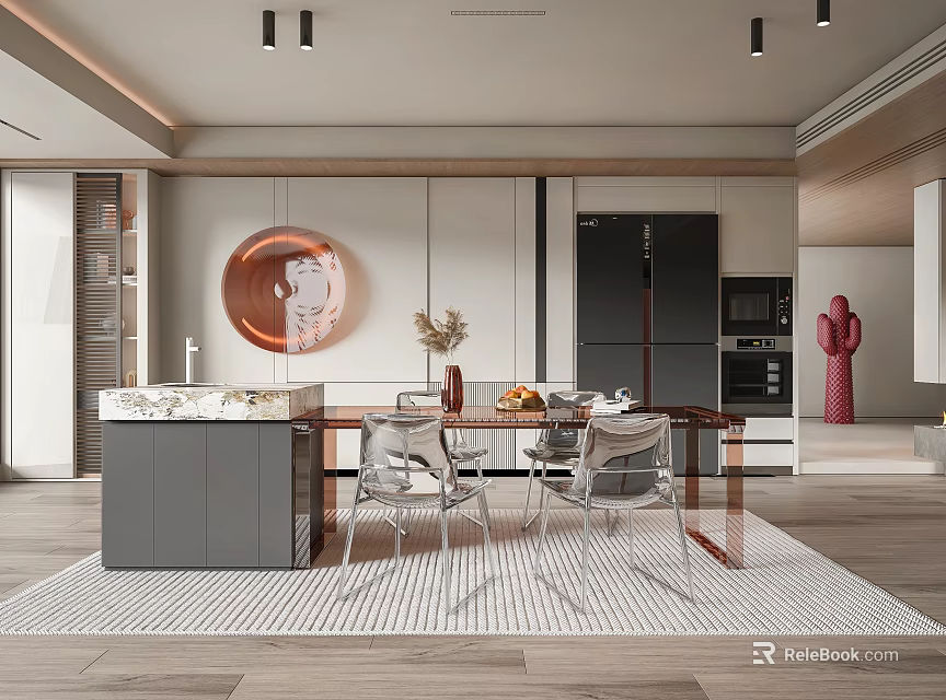 Modern Restaurant Interior Design With Dining Table Chairs And Decorative Pendant Lights 3d model 