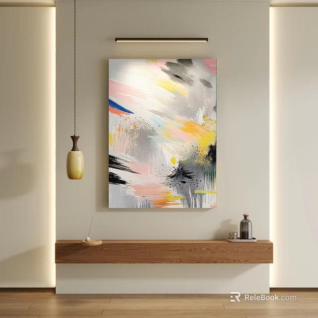 Colorful Abstract Painting Hanging on Wall with Wooden Shelf and Warm Lighting 3d model 