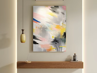 Colorful Abstract Painting Hanging on Wall with Wooden Shelf and Warm Lighting 3d model