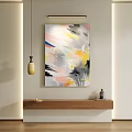 Colorful Abstract Painting Hanging on Wall with Wooden Shelf and Warm Lighting