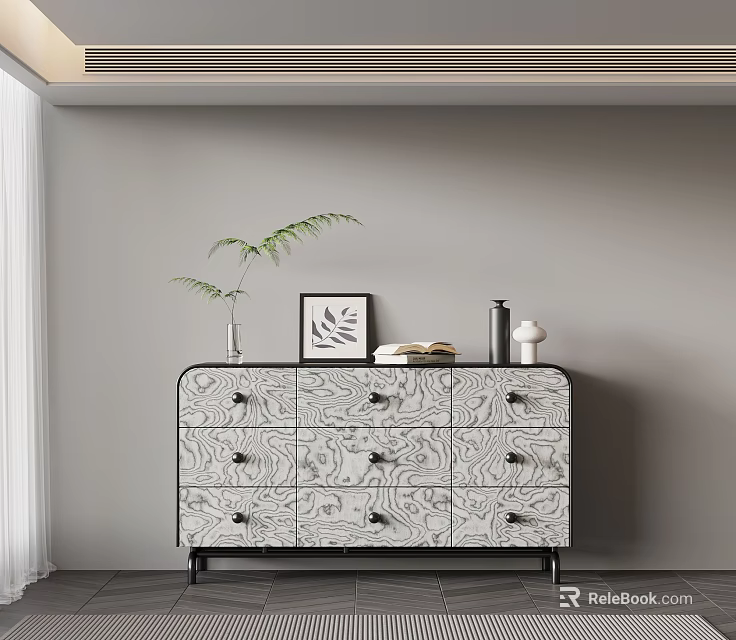 Stylish Console Cabinet Sideboard With Patterned Drawers And Decorative Potted Plant Picture Frame 3d model 