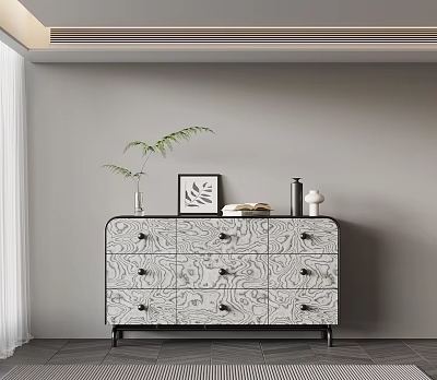 Stylish Console Cabinet Sideboard With Patterned Drawers And Decorative Potted Plant Picture Frame 3d model