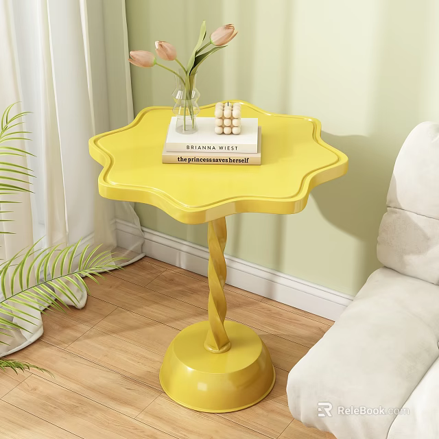 Yellow Petal Shaped Side Table With Twisted Base And Books Vase In Living Room 3d model 