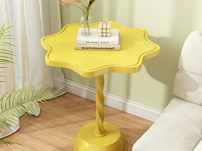 Yellow Petal Shaped Side Table With Twisted Base And Books Vase In Living Room 3d model