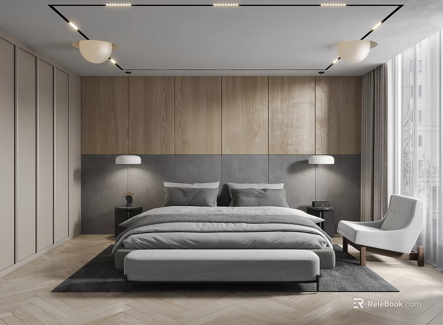 Modern Bedroom Interior With Wooden Accent Wall Gray Upholstered Headboard Table Lamps And Armchair 3d model 