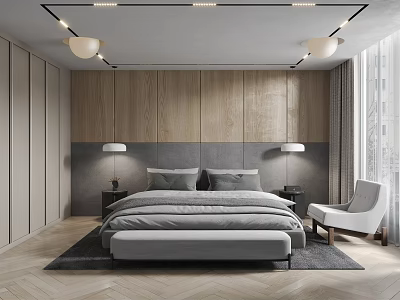 Modern Bedroom Interior With Wooden Accent Wall Gray Upholstered Headboard Table Lamps And Armchair 3d model