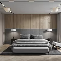 Modern Bedroom Interior With Wooden Accent Wall Gray Upholstered Headboard Table Lamps And Armchair