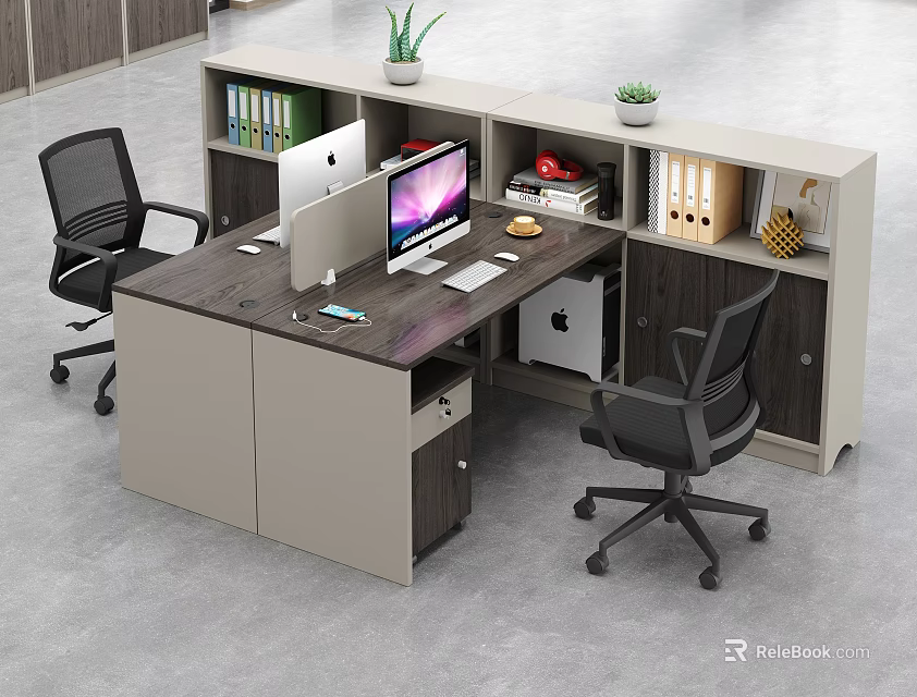 Modern Office Desk Workspace With Dual Monitors Computer Chair Files And Green Plants 3d model 