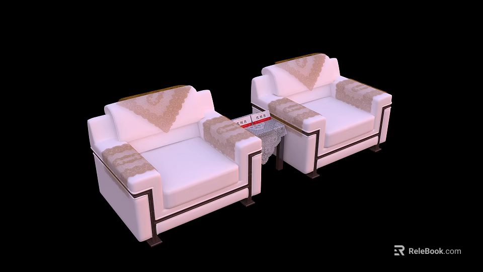 Stylish White Single Sofa With Brown Trim And Patterned Cushions By Small Coffee Table 3d model