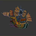 Ornate Fantasy Ship Model with Orange Sails Wooden Hull and Mechanical Details
