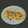 Bacon Wrapped Meatballs With Crispy Fries And Red Sauce On Blue Plate