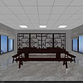 Dark Wooden Display Cabinets with Circular Ornaments Under White Ceiling and Large Windows City View