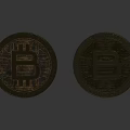 Bitcoin Ornament Decoration Set Two Golden Bitcoin Symbol Decorations on Shiny Surface with Reflection