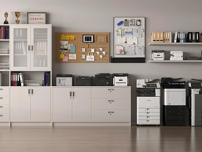 White Glass Door Bookcase With Trophies File Cabinets Printers And Corkboard Bulletin Board 3d model