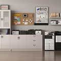 White Glass Door Bookcase With Trophies File Cabinets Printers And Corkboard Bulletin Board