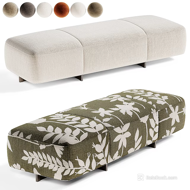 Beige and Dark Green Upholstered Benches with White Floral Leaf Patterns Modern Design 3d model 
