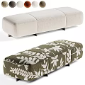 Beige and Dark Green Upholstered Benches with White Floral Leaf Patterns Modern Design