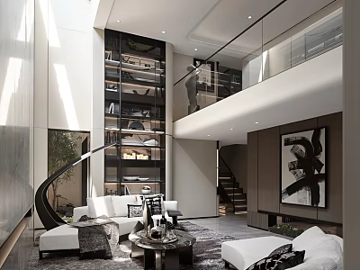 Elegant Modern Duplex Living Room Interior With High Ceiling Staircase And Decorative Art 3d model