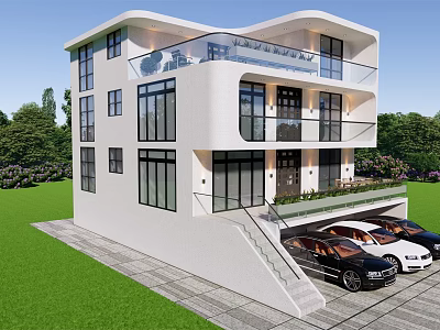Modern Detached Villa Exterior With Balcony Garage Green Lawn And Parked Cars 3d model