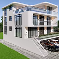 Modern Detached Villa Exterior With Balcony Garage Green Lawn And Parked Cars