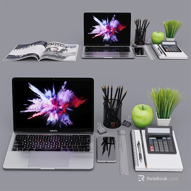 Modern Laptop Desktop Setup With Phone Notebook Calculator Pencils And Green Plant 3d model 