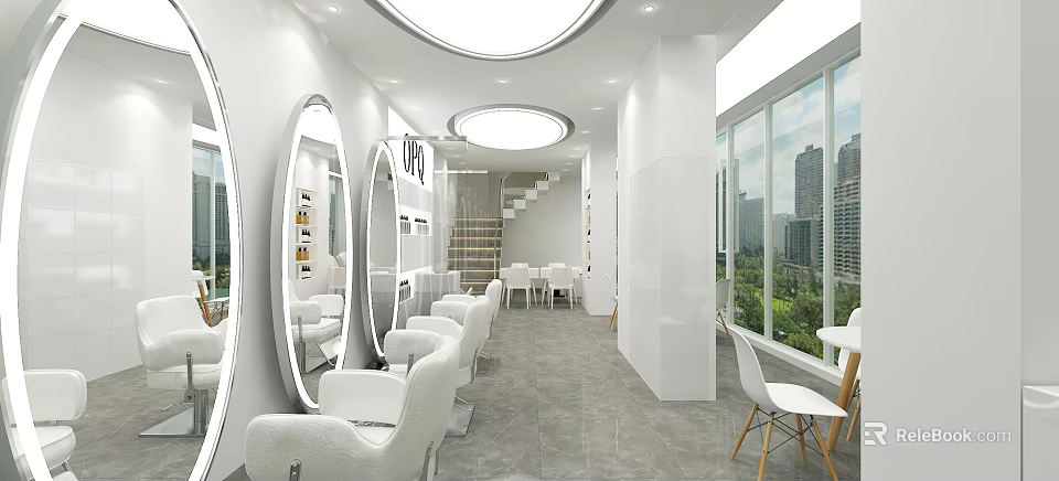 Modern Hair Salon Interior With White Styling Chairs Large Mirrors And City View Windows 3d model 