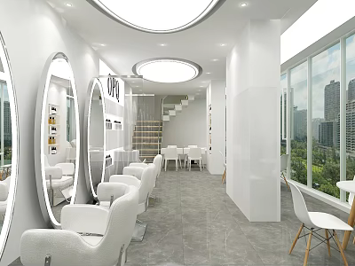 Modern Hair Salon Interior With White Styling Chairs Large Mirrors And City View Windows 3d model