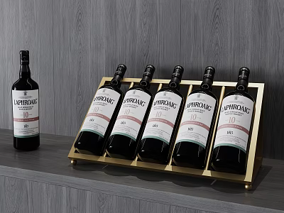 Elegant Golden Wine Cabinet Interior With Grey Wooden Background And Whisky Bottles 3d model