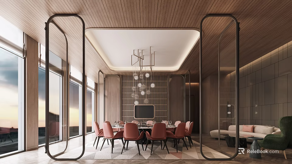Modern Private Dining Box With Wooden Ceiling Glass Frames Red Chairs And Round Table 3d model