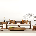 Wooden Sofa and Coffee Table Set With Decorative Pillows Side Table and Decor Items 3d model