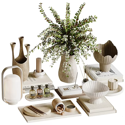 Elegant Natural Decorative Ornament Set With Greenery Vase Books Bowls Lantern And Candles 3d model