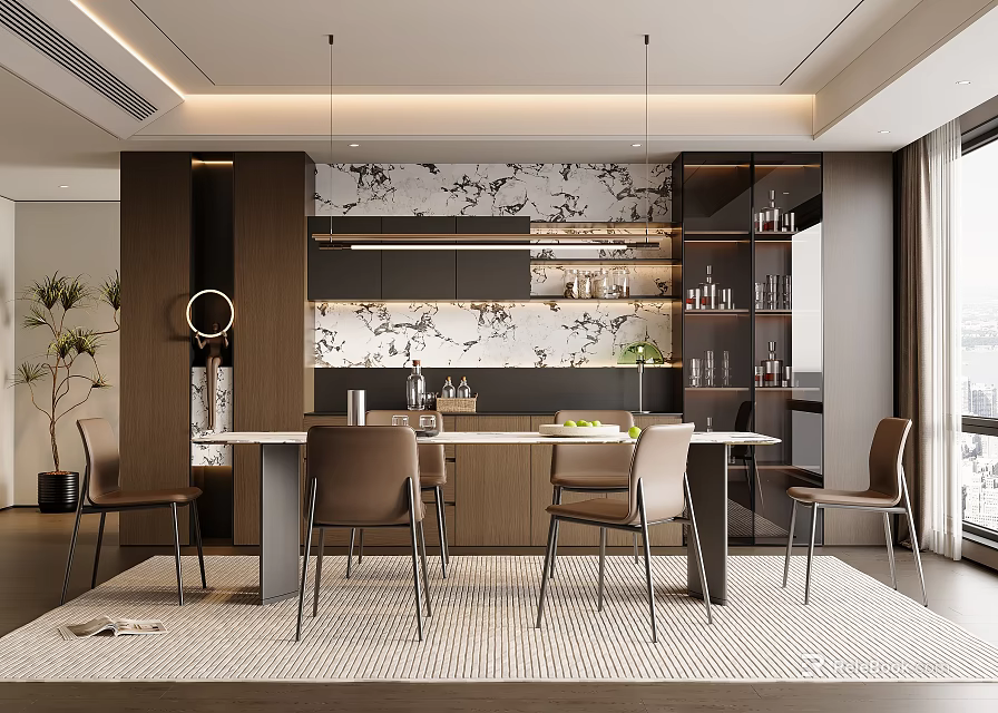 Modern Restaurant Interior With Dining Table Chairs Marble Accent Wall Pendant Lights And Wine Rack 3d model 