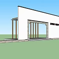 Modern Building Exterior Wall With White Facade Vertical Windows And Wooden Entrance Structure