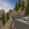 Stone Arch Bridge Road With Ambulance Truck And Green Trees On Mountain Scenic Sunset